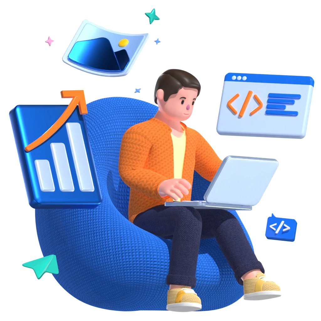 a 3d character is coding
